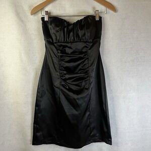 Fredrick's Of Hollywood Dress Vintage Y2K Black Satin Bow In Back Strapless Sz 8